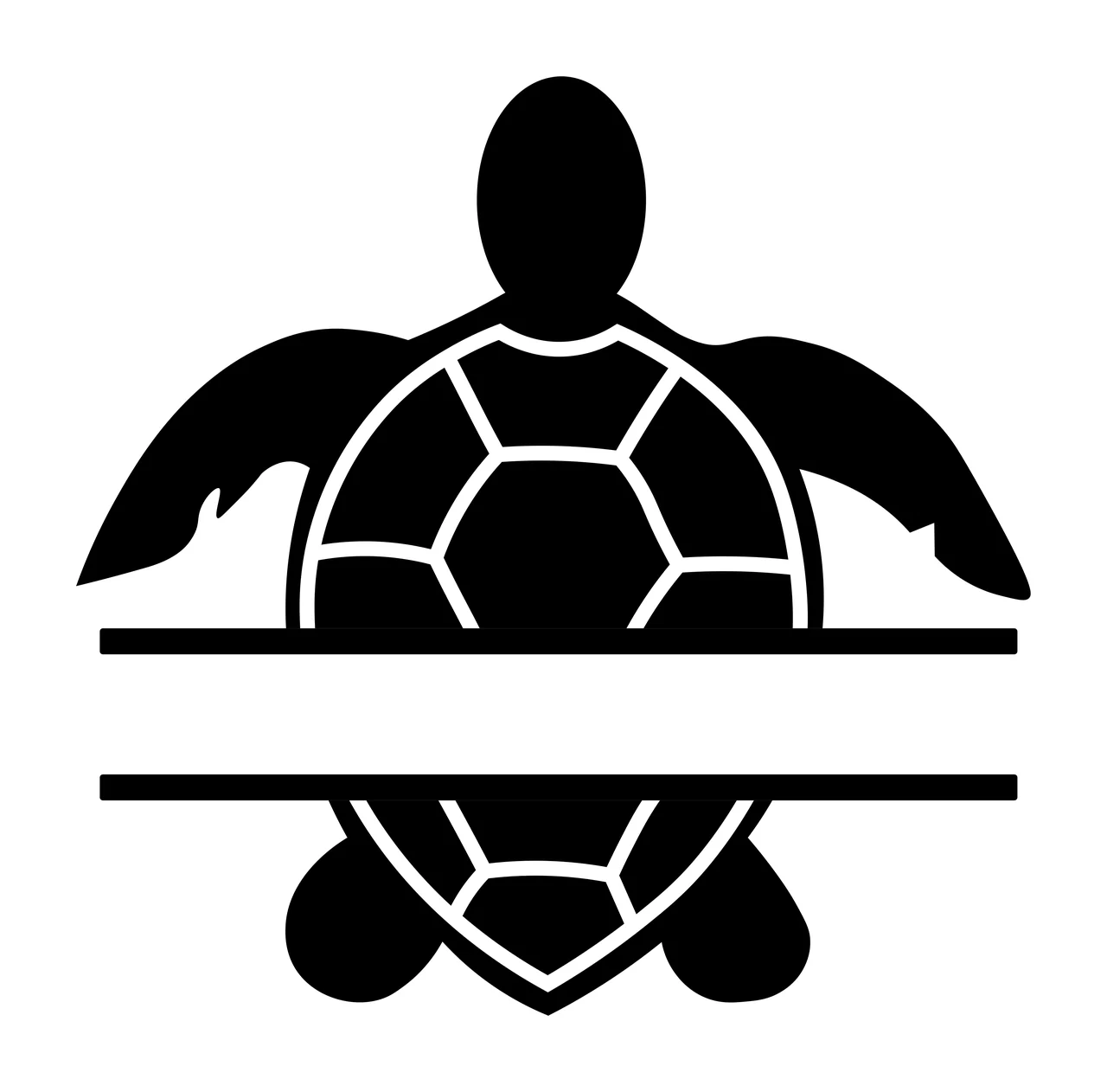 Silhouette Design of sea turtle with white geometric shell pattern, horizontal split frame, flippers and head in black