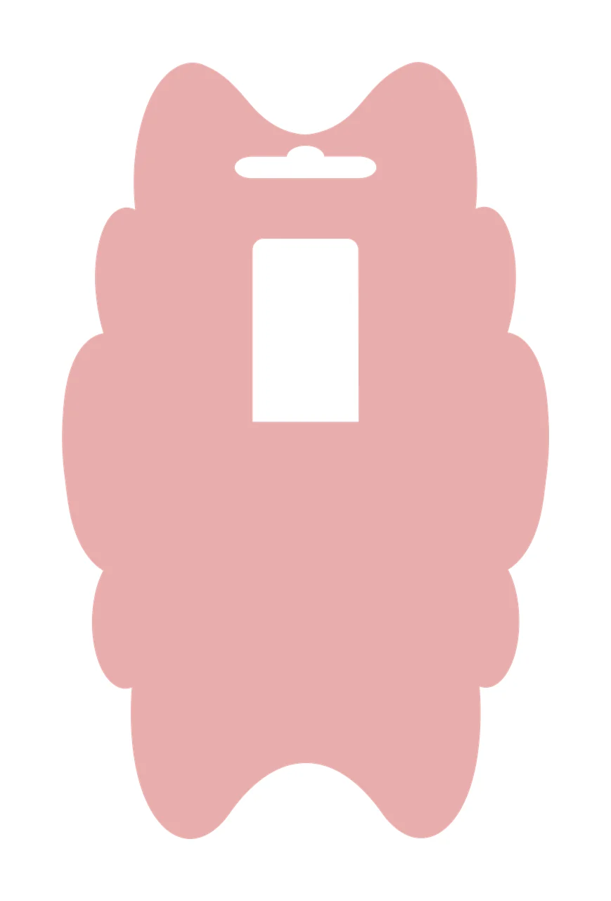 Packaging card template Illustration with hanging slot, rectangular cutout window, scalloped edges and die cut silhouette in dusty pink and white