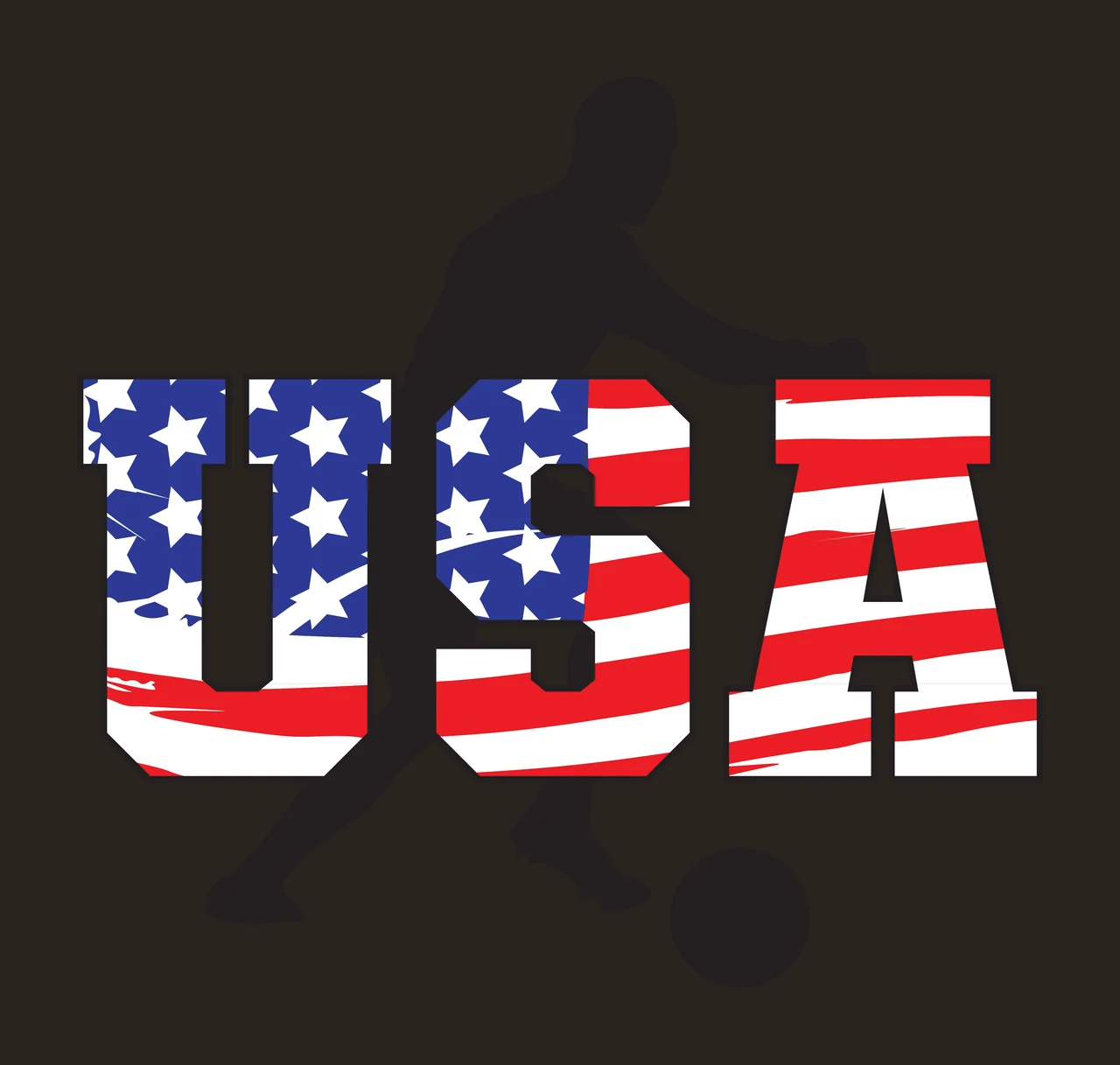 USA Typography Design with soccer player silhouette, soccer ball, USA block lettering and American flag pattern in red, white and blue contrast preview thumbnail