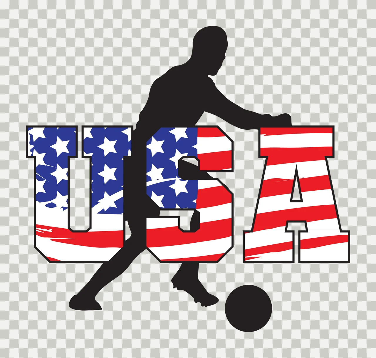USA Typography Design with soccer player silhouette, soccer ball, USA block lettering and American flag pattern in red, white and blue transparency and detail preview thumbnail