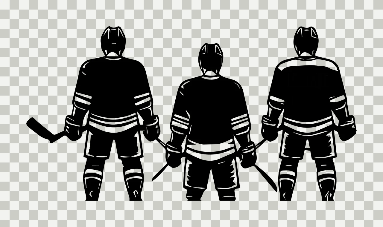 Hockey Three Players Holding Sticks jerseys helmets graphic silhouette transparency and detail preview thumbnail