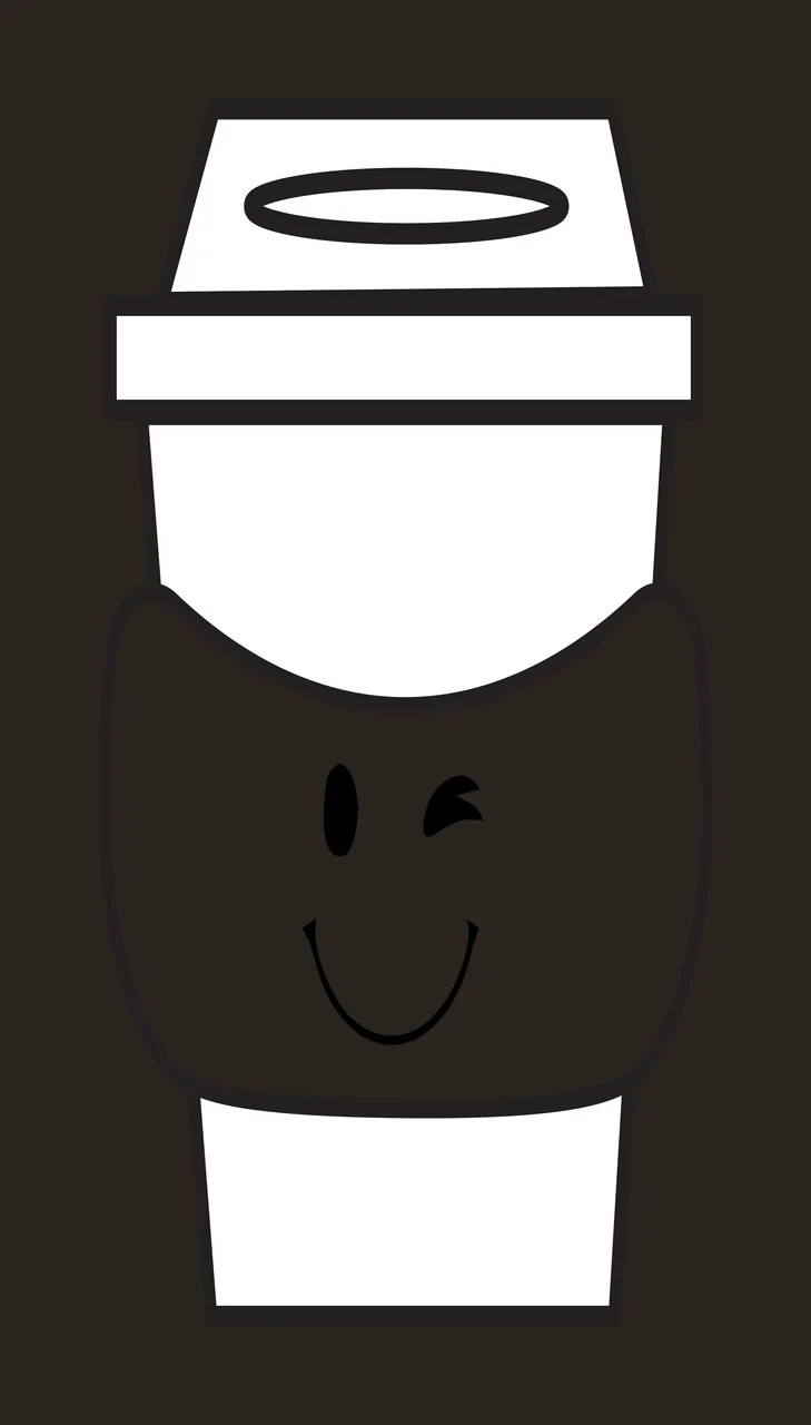 Cartoon Illustration of Winking coffee cup with smiley face with winking eye, smiling mouth, coffee cup body and lid with opening in black and white contrast preview thumbnail