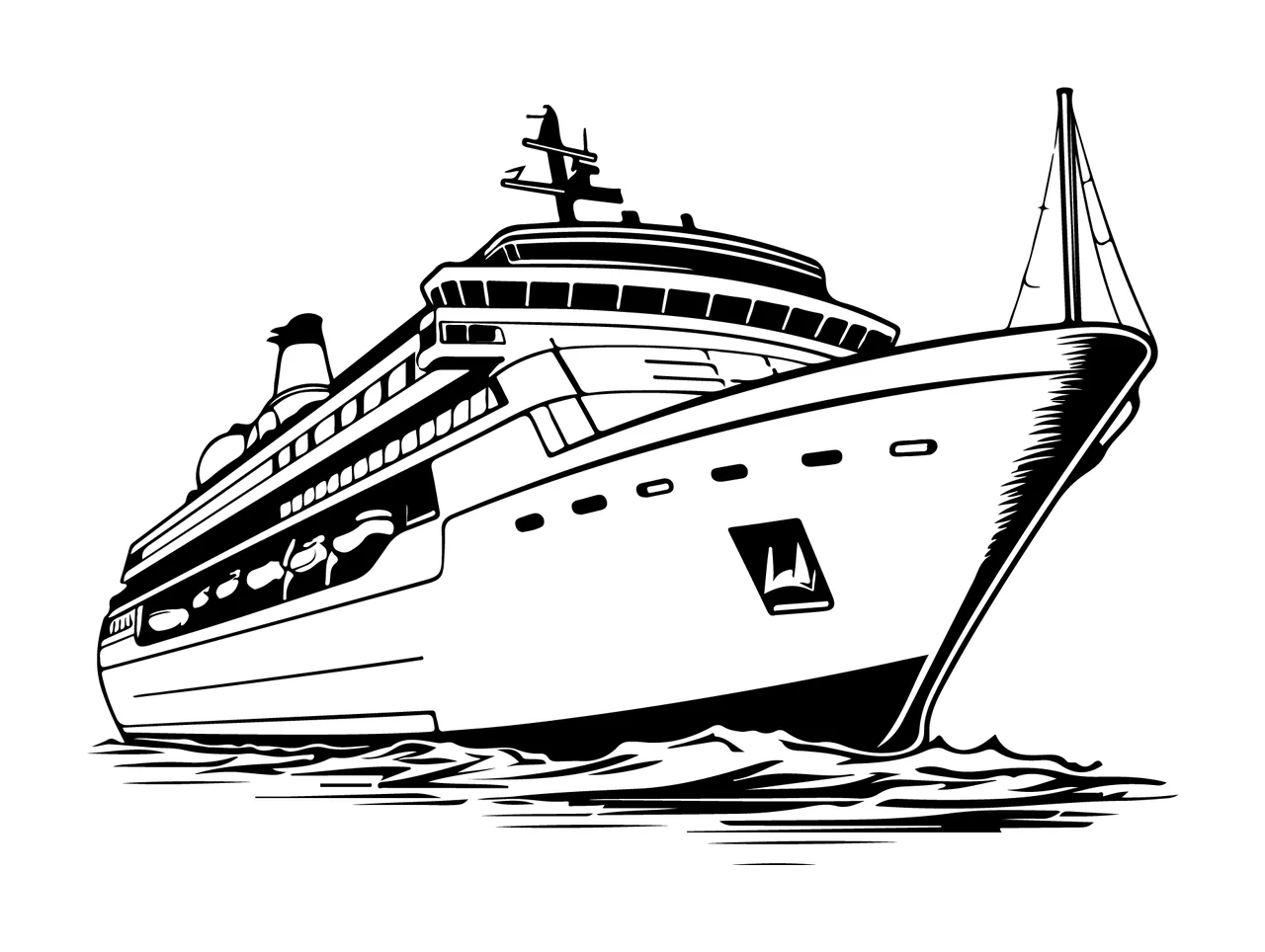 Cruise Ship Travelling On Ocean Waves line art black white