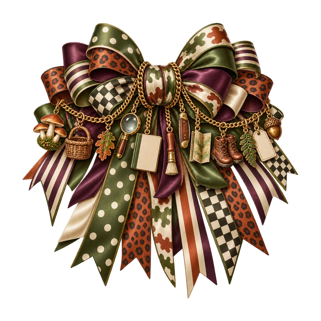 Mushroom Forager Bow Charm PNG, Gold Chain Charms, Transparent Sublimation Design, Digital Download