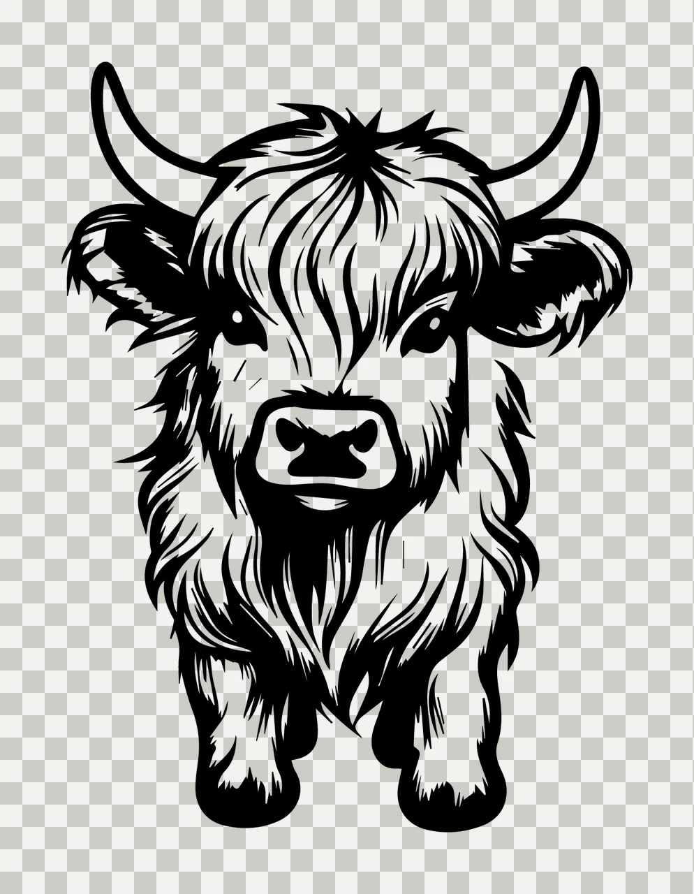 Cow Highland Portrait Line Drawing Cattle horns fur head black transparency and detail preview thumbnail