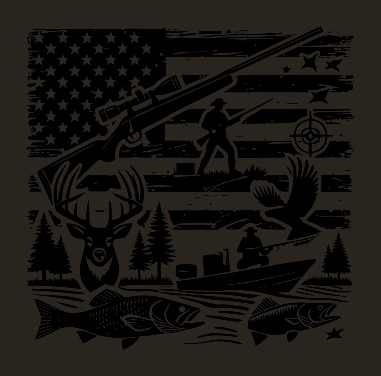Hunting Scene American Flag Silhouette gear rifle deer bird contrast preview thumbnail