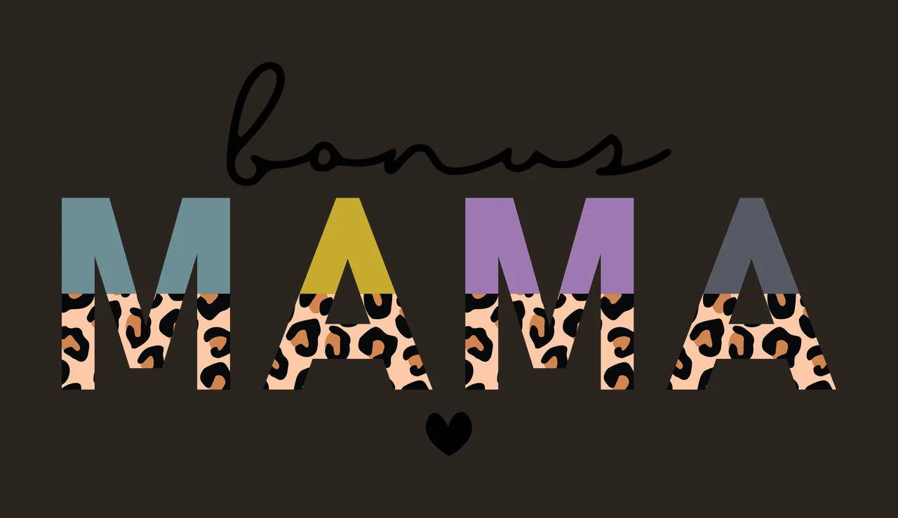 Bonus MAMA Typography Design with cursive script lettering, block letters, leopard print pattern and heart symbol in black, teal and mustard yellow contrast preview thumbnail