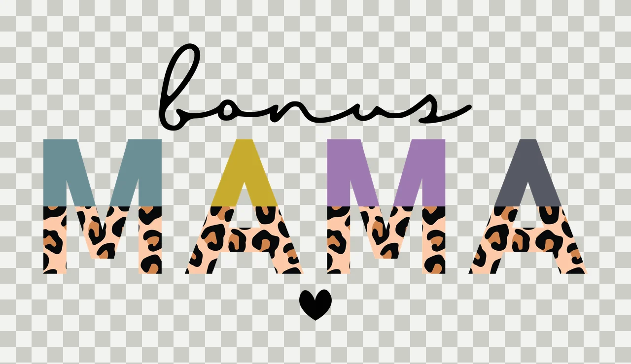 Bonus MAMA Typography Design with cursive script lettering, block letters, leopard print pattern and heart symbol in black, teal and mustard yellow transparency and detail preview thumbnail