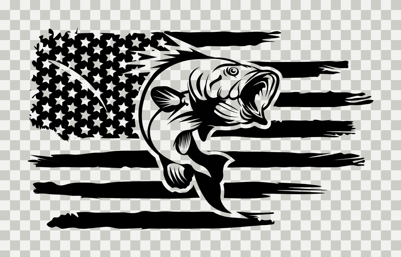 Jumping Fish Over American Flag Silhouette black white plain transparency and detail preview thumbnail