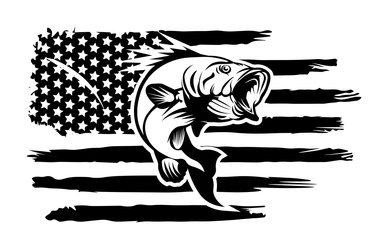 Jumping Fish Over American Flag Silhouette black white plain