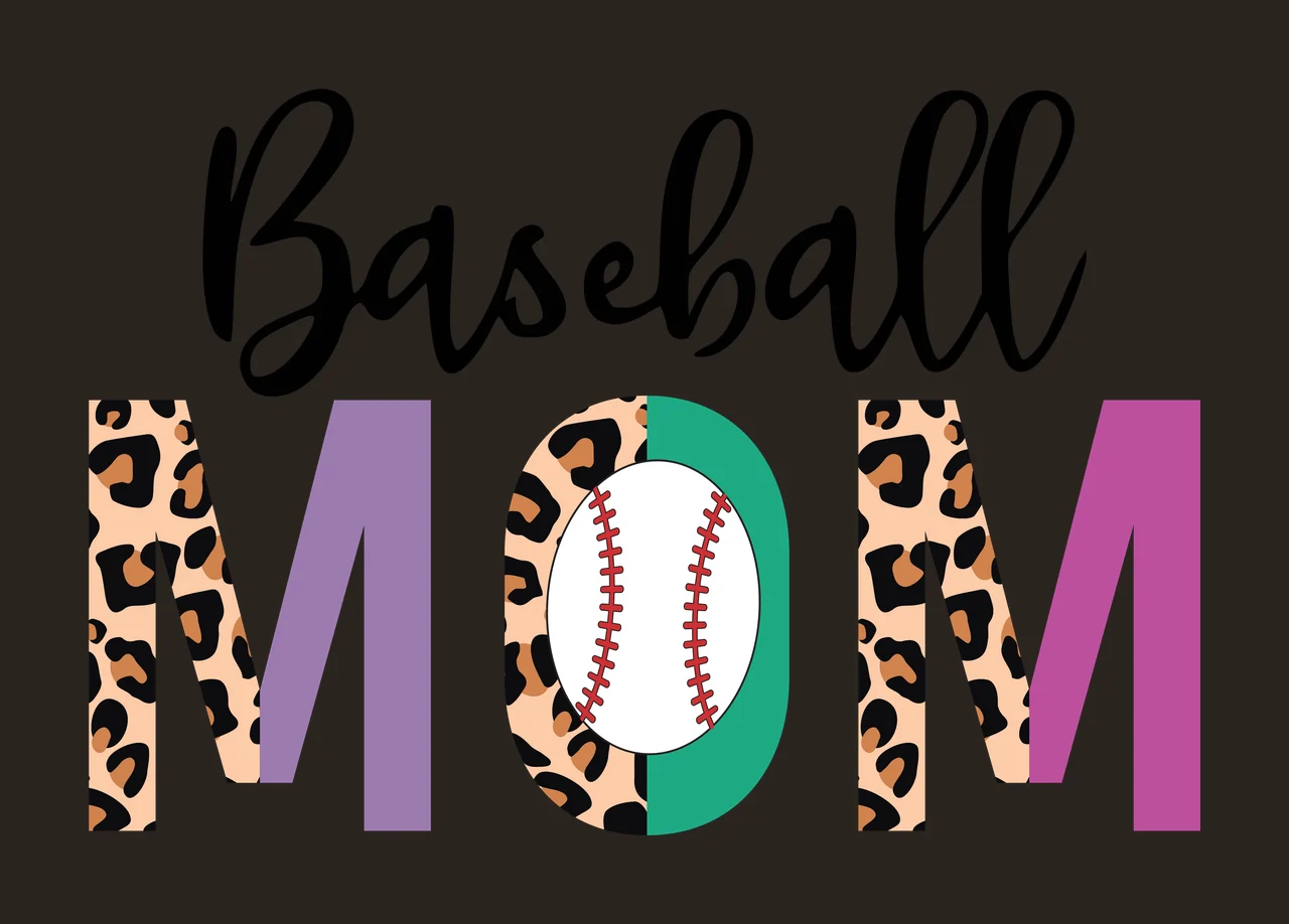 Baseball MOM Typography Design with leopard print on letters M and O green baseball-shaped O with red stitching purple letters M and M black cursive 'Baseball' in beige and brown contrast preview thumbnail