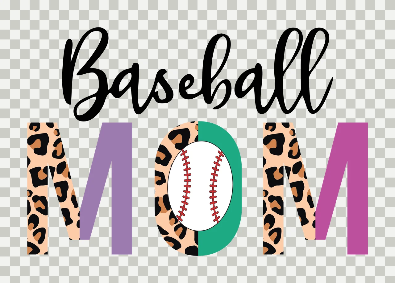 Baseball MOM Typography Design with leopard print on letters M and O green baseball-shaped O with red stitching purple letters M and M black cursive 'Baseball' in beige and brown transparency and detail preview thumbnail