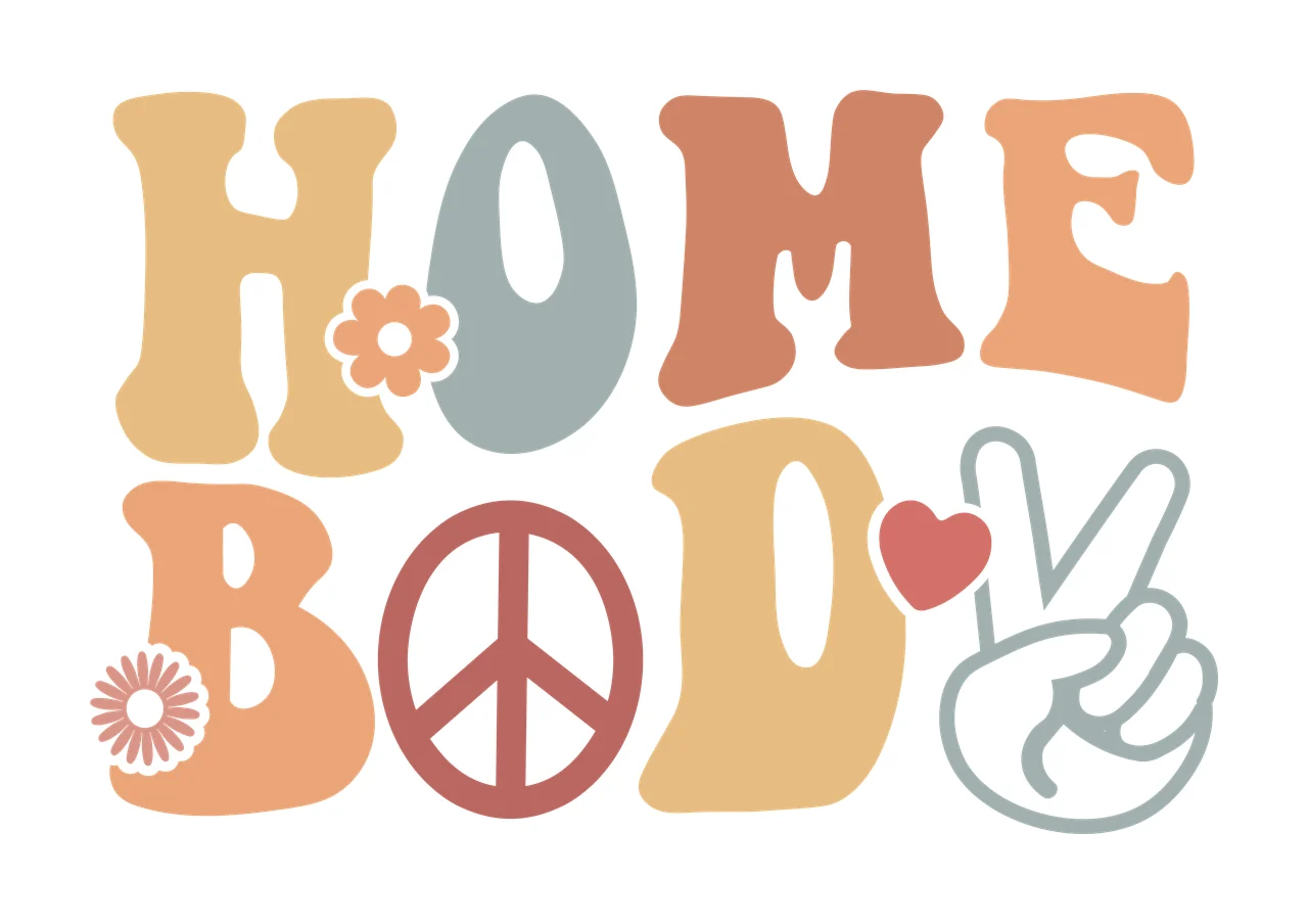 HOME BOD Typography Design with HOME BOD text, orange flower inside the 'O' of HOME, white-detailed orange flower near 'B' and red peace symbol inside 'O' of BOD in tan, gray and terracotta