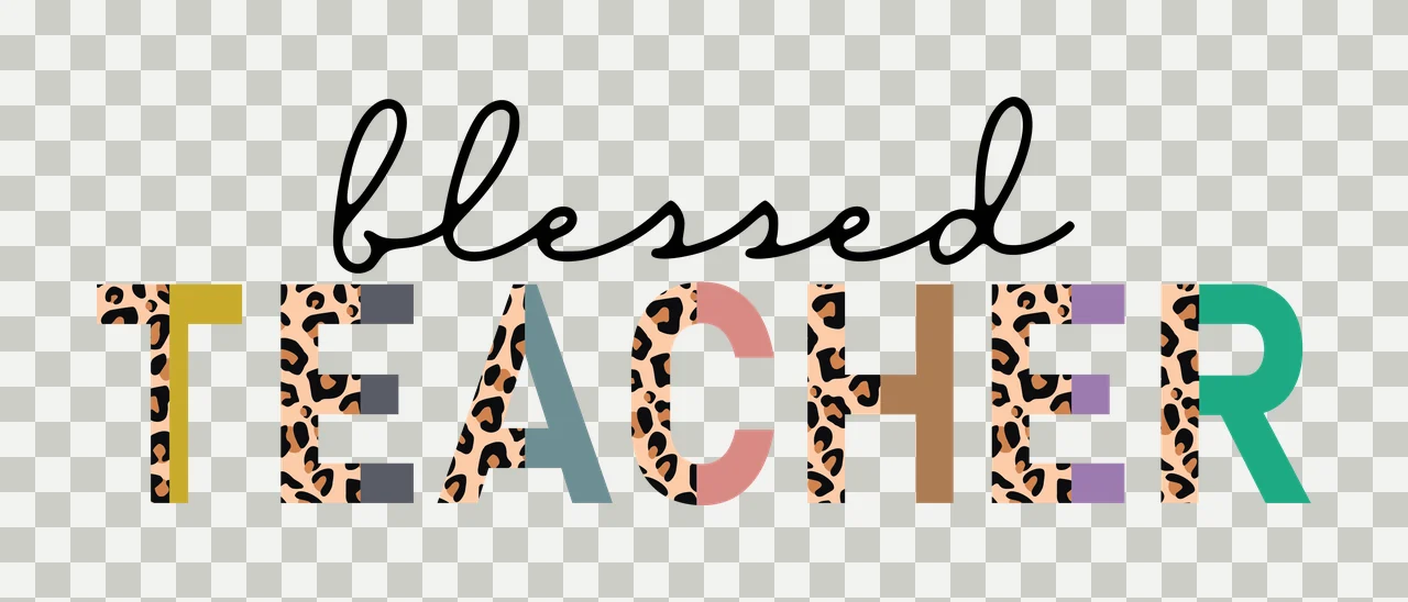 Blessed TEACHER Typography Design with word 'blessed' in black cursive script, word 'TEACHER' with letters in leopard print and solid color blocks, leopard print pattern on multiple letters and solid transparency and detail preview thumbnail