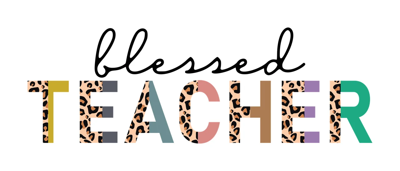 Blessed TEACHER Typography Design with word 'blessed' in black cursive script, word 'TEACHER' with letters in leopard print and solid color blocks, leopard print pattern on multiple letters and solid