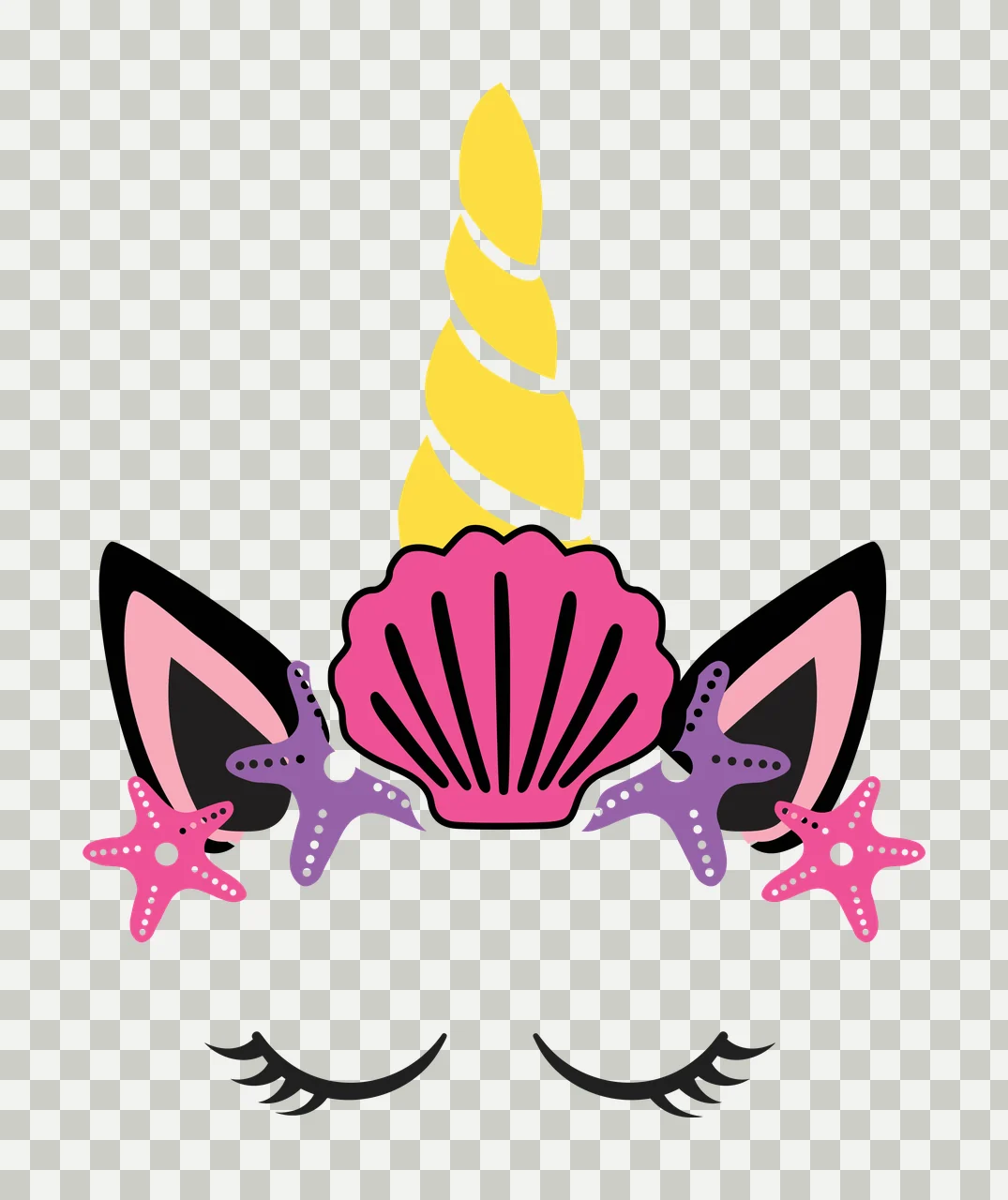 Unicorn head design with marine elements with yellow spiral horn, pink seashell, black unicorn ears with pink inner lining and two pink starfish in purple transparency and detail preview thumbnail
