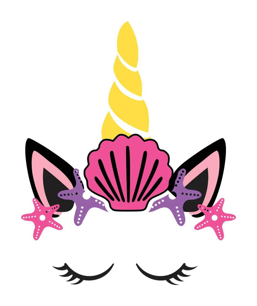 Unicorn head design with marine elements with yellow spiral horn, pink seashell, black unicorn ears with pink inner lining and two pink starfish in purple