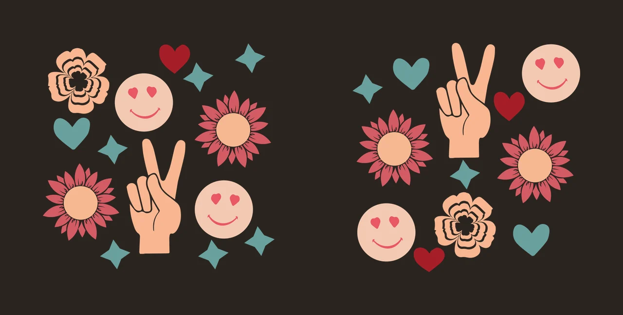 Collection Black Silhouette Peace Signs And Flowers symbol set contrast preview thumbnail