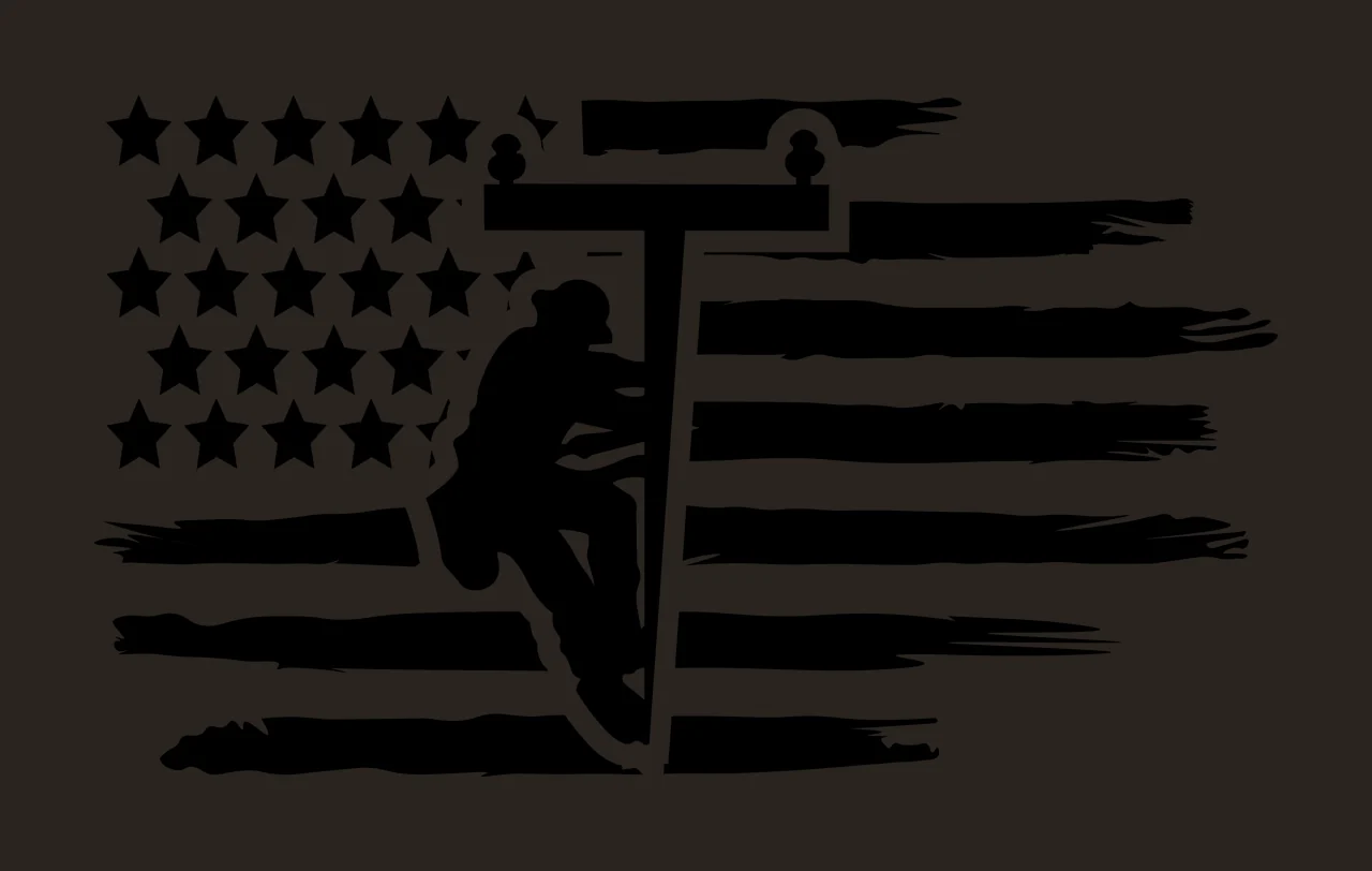 Silhouette Design of lineman with utility pole, American flag, stars and distressed stripes in black and white contrast preview thumbnail