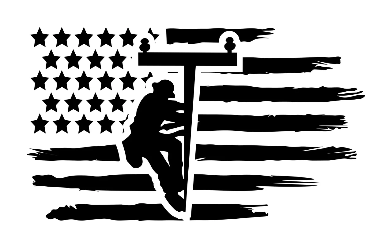 Silhouette Design of lineman with utility pole, American flag, stars and distressed stripes in black and white