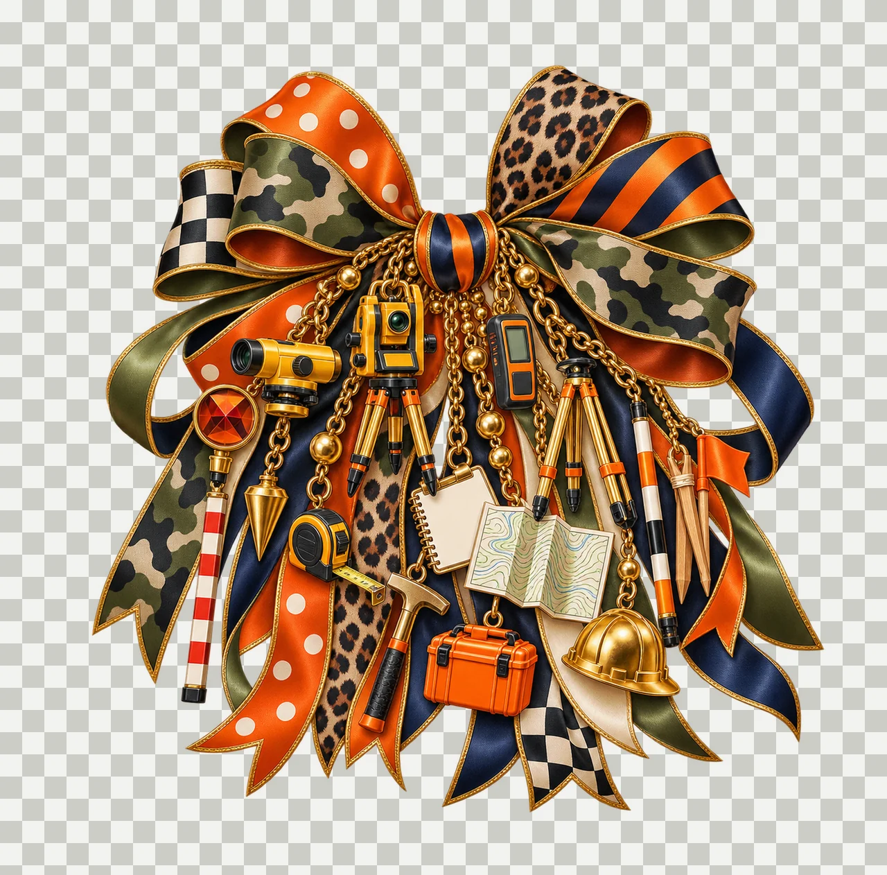 Land Surveyor Bow Charm PNG, Themed Gold Chain Charms, Coquette Ribbon Sublimation Design, Transparent Digital Download transparency and detail preview thumbnail