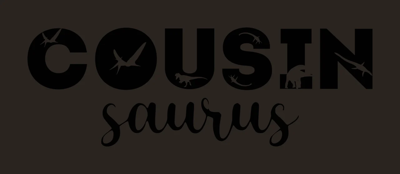 COUSIN saurus dinosaur typography with COUSIN lettering, saurus script text, pterosaur silhouette and theropod silhouette in black and white contrast preview thumbnail