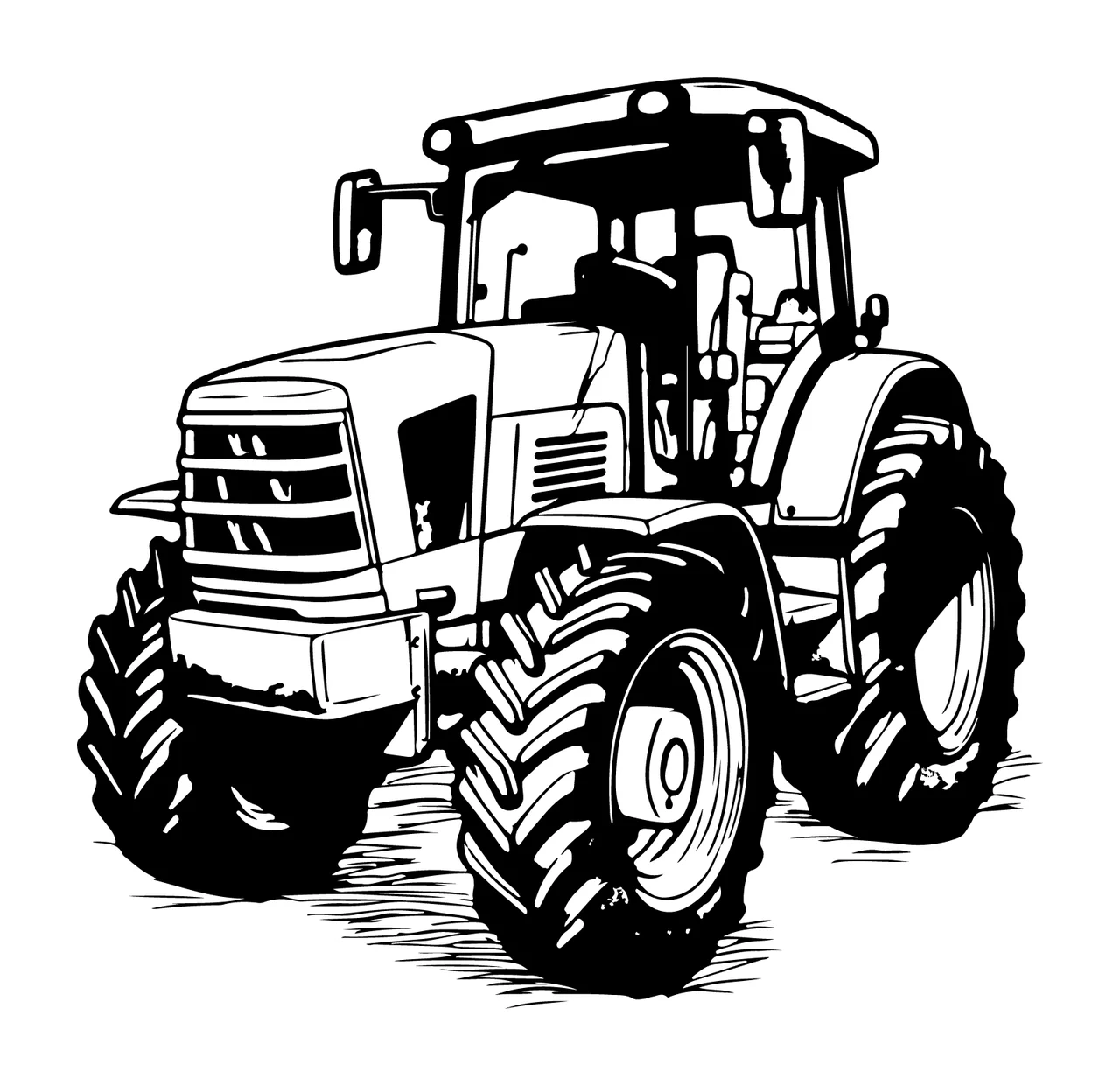 Farm Tractor Black Line Drawing stationary tires cabin grille