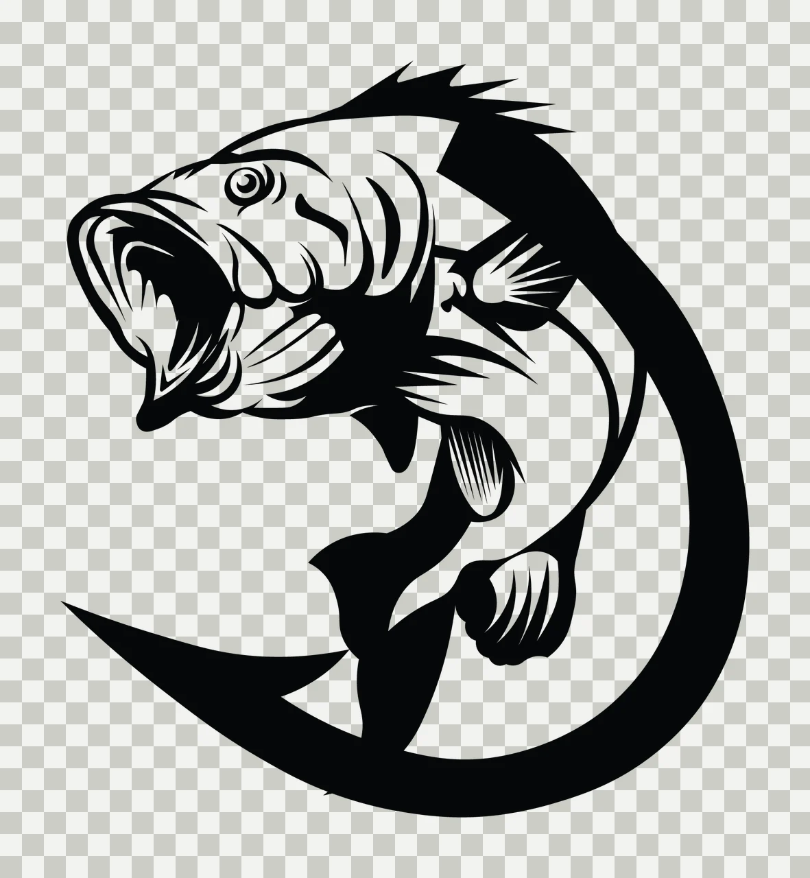 Fish Jumping On Fishing Hook Silhouette black white water wildlife transparency and detail preview thumbnail