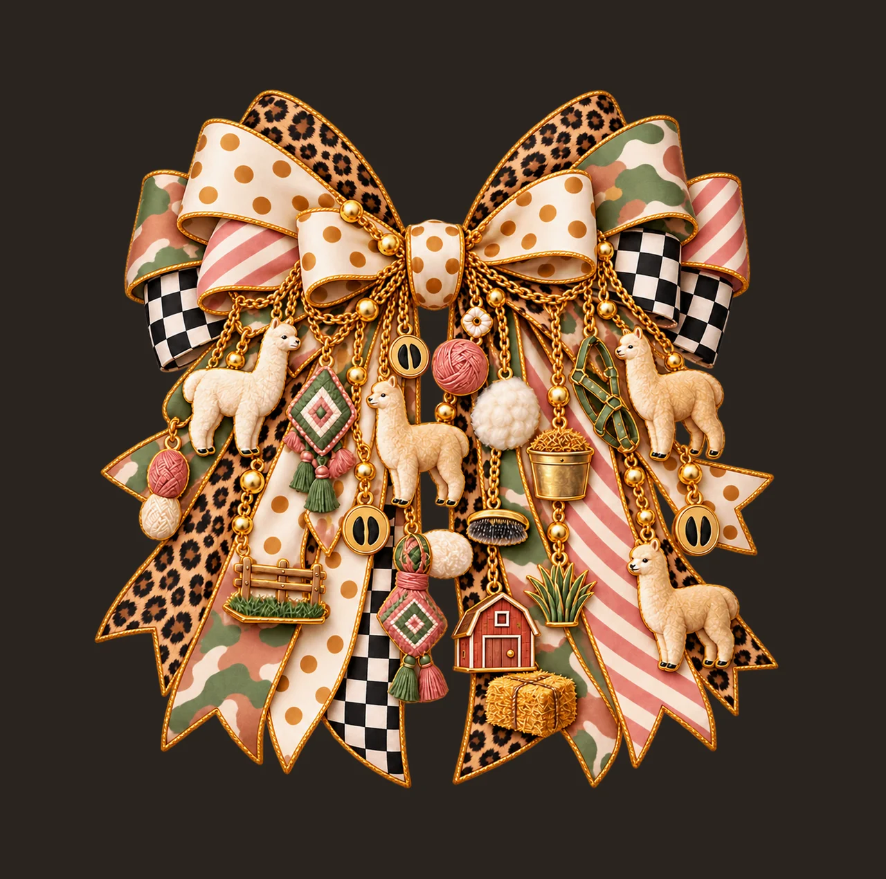 Alpaca Lover Bow Charm PNG, Themed Gold Chain Charms, Coquette Ribbon Sublimation Design, Transparent Digital Download contrast preview thumbnail