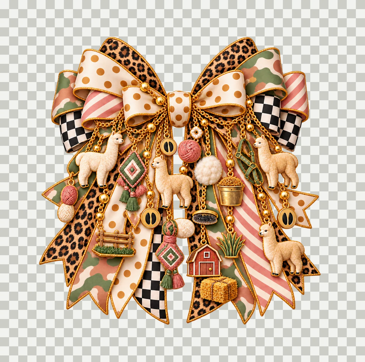 Alpaca Lover Bow Charm PNG, Themed Gold Chain Charms, Coquette Ribbon Sublimation Design, Transparent Digital Download transparency and detail preview thumbnail