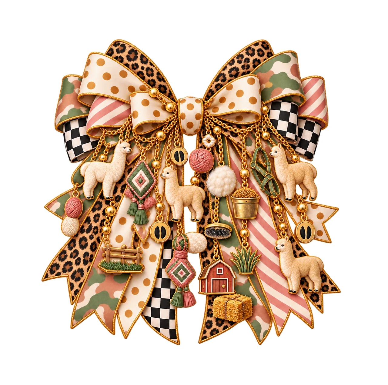 Alpaca Lover Bow Charm PNG, Themed Gold Chain Charms, Coquette Ribbon Sublimation Design, Transparent Digital Download