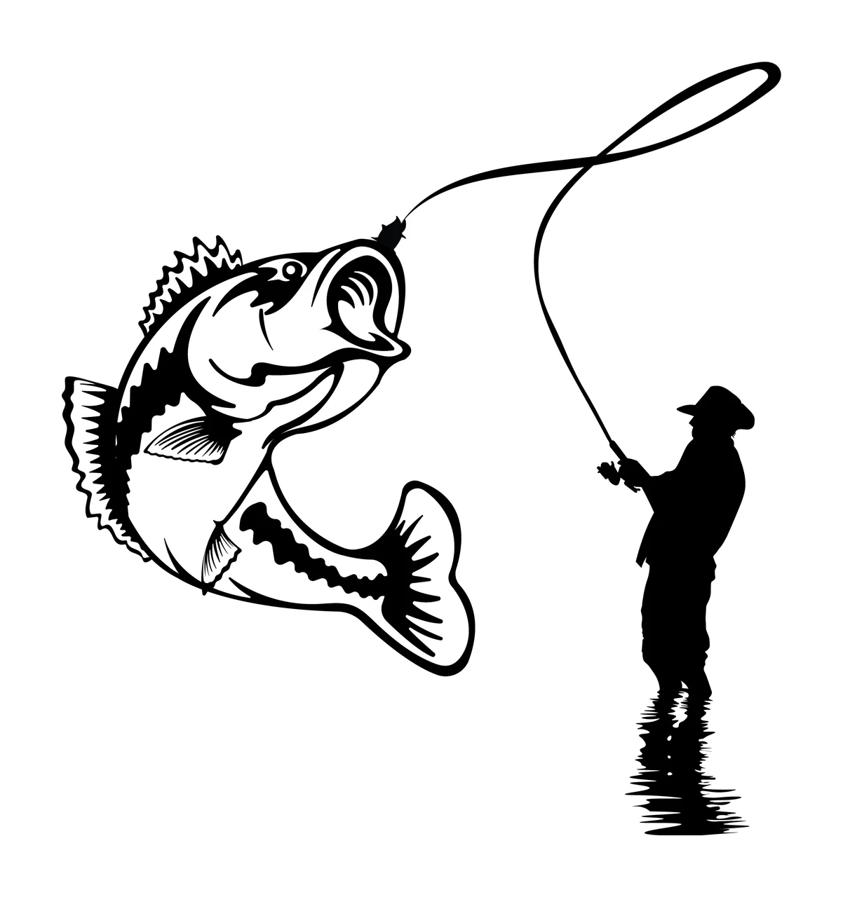 Fisherman Fish Silhouette With Jumping fishing rod black white