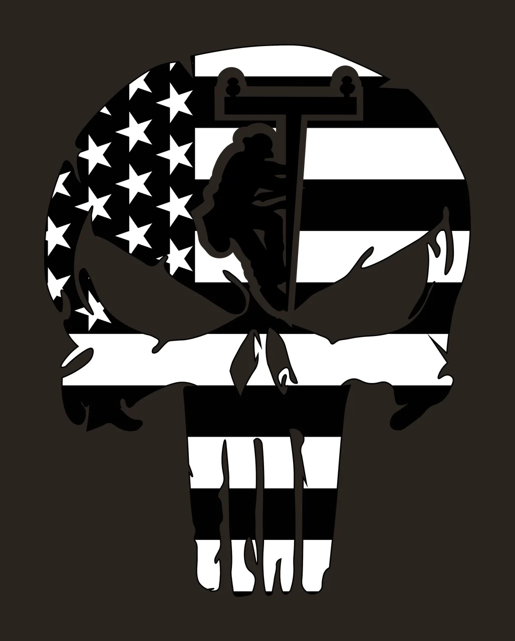 American flag skull with lineman silhouette Illustration with American flag pattern, stars, stripes and utility pole in black and white contrast preview thumbnail