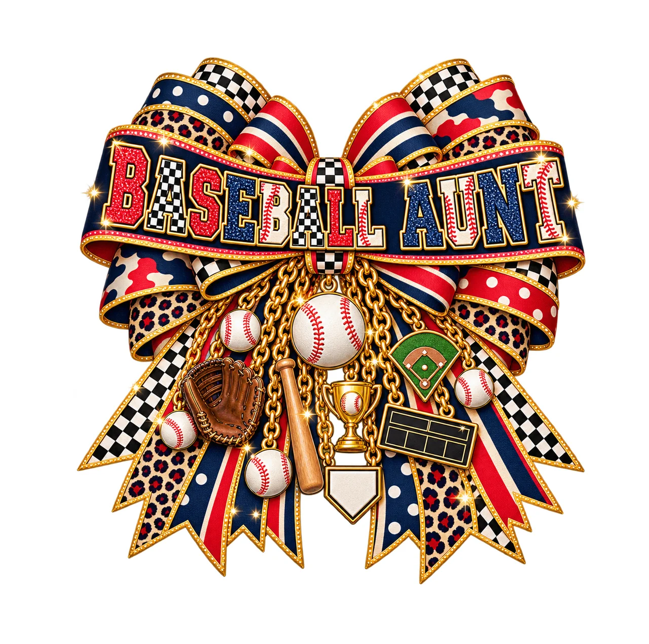 Baseball Aunt Bow Charm PNG, Patterned Varsity Aunt Ribbon Clipart, Transparent Sublimation Digital Download