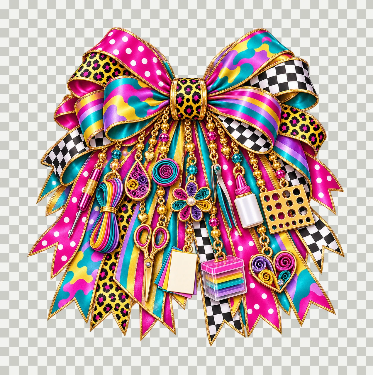 Paper Quilling Artist Bow Charm PNG, Gold Chain Charms, Transparent Sublimation Design, Digital Download transparency and detail preview thumbnail