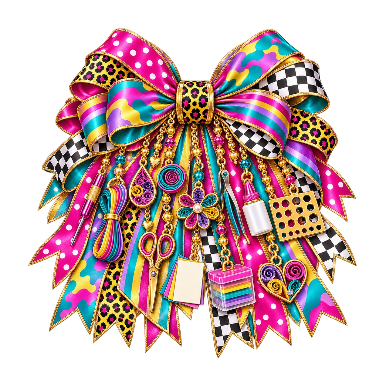 Paper Quilling Artist Bow Charm PNG, Gold Chain Charms, Transparent Sublimation Design, Digital Download