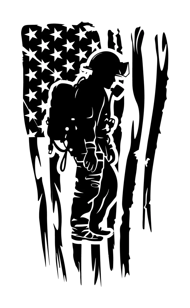 Firefighter Silhouette Over Flag Background Design walking