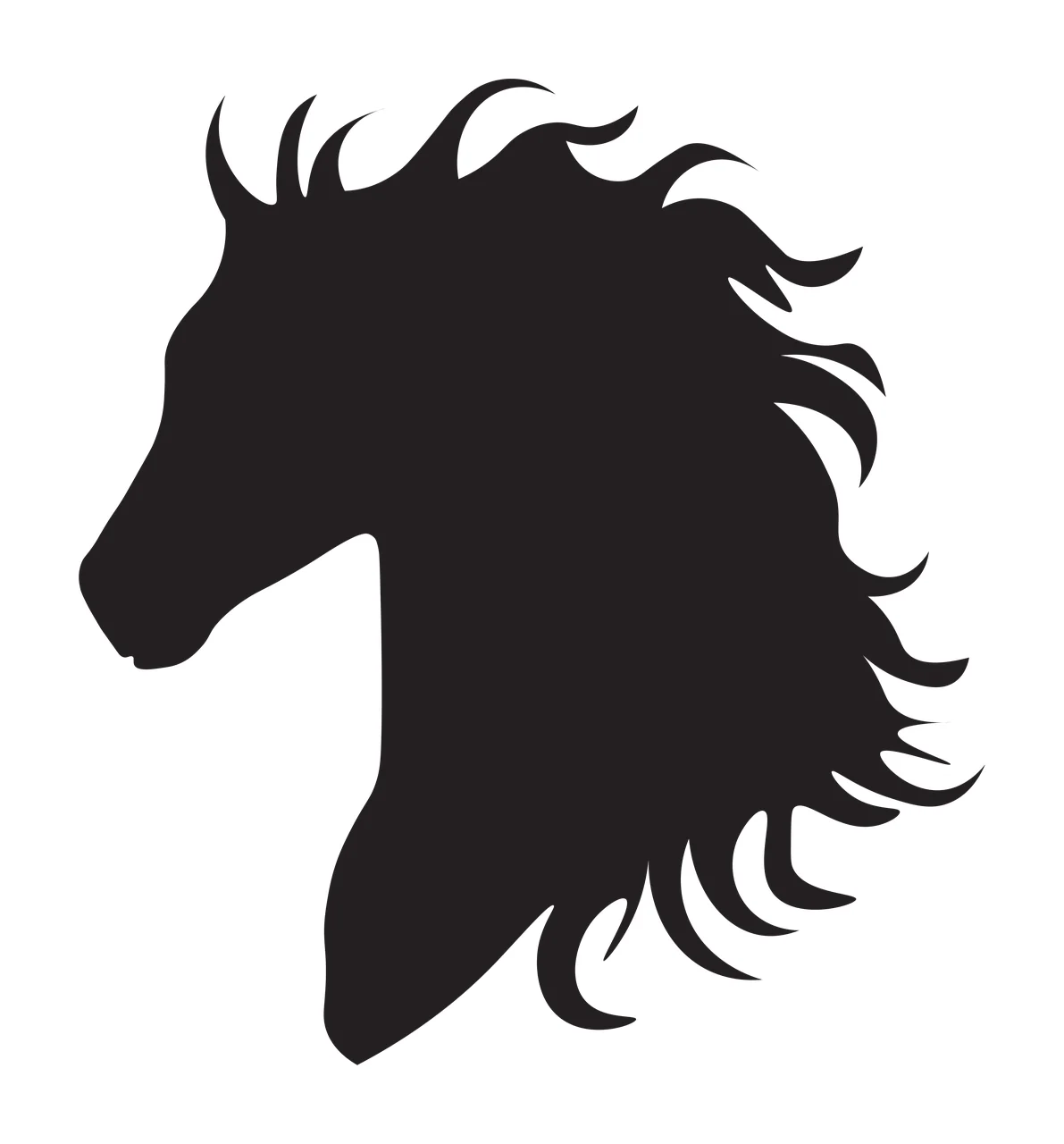 Horse head silhouette Illustration with black horse head silhouette, flowing mane and two small horns in white