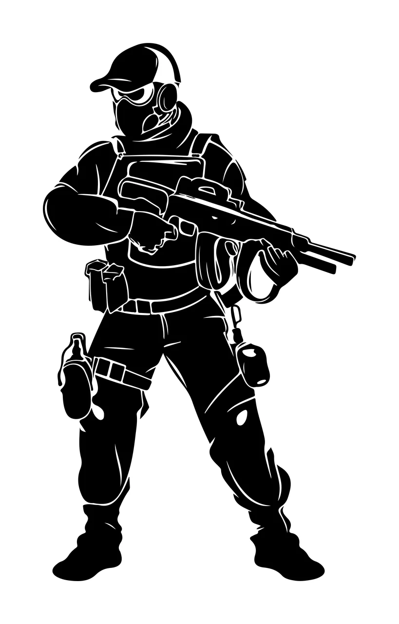Armed Tactical Figure Standing In Profile rifle gear hat silhouette