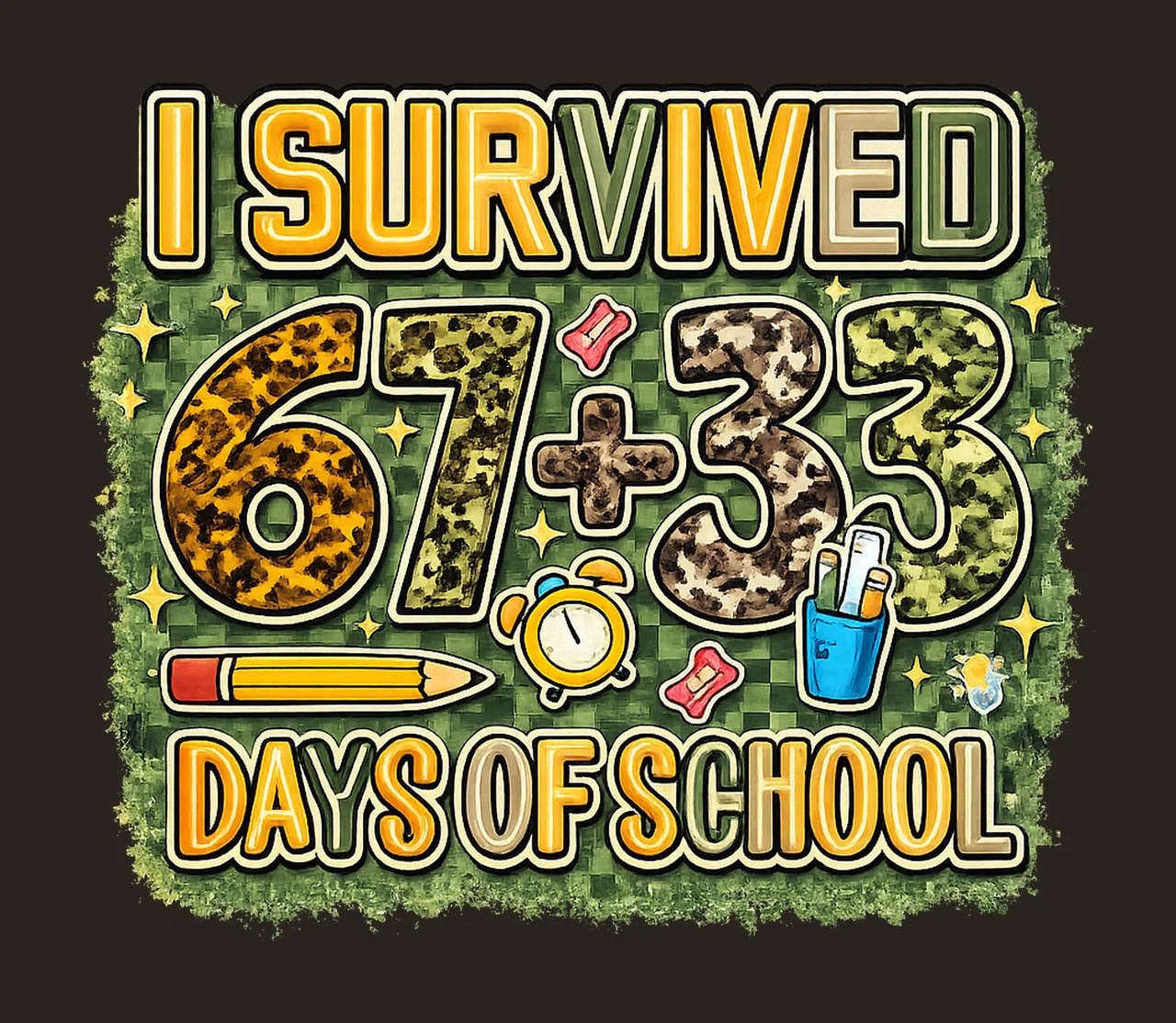 Survived 100 Days Of School Funny Camo Design 67 Days Meme contrast preview thumbnail