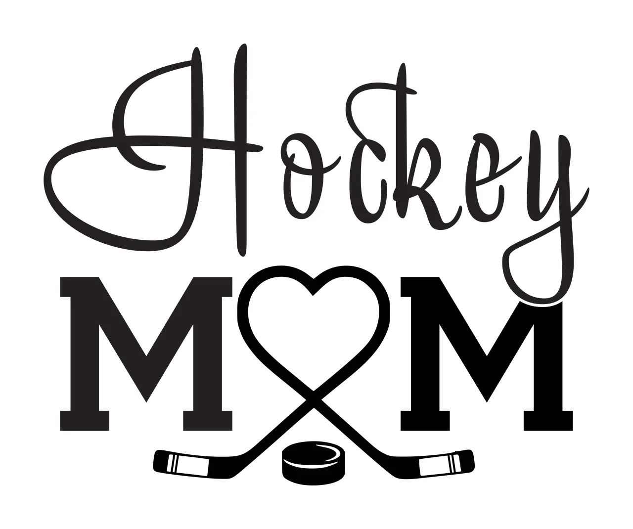 Hockey MOM Hockey Mom decal design with Hockey text in cursive script, MOM text in bold block letters, Heart-shaped hockey stick and Two crossed hockey sticks in black and white