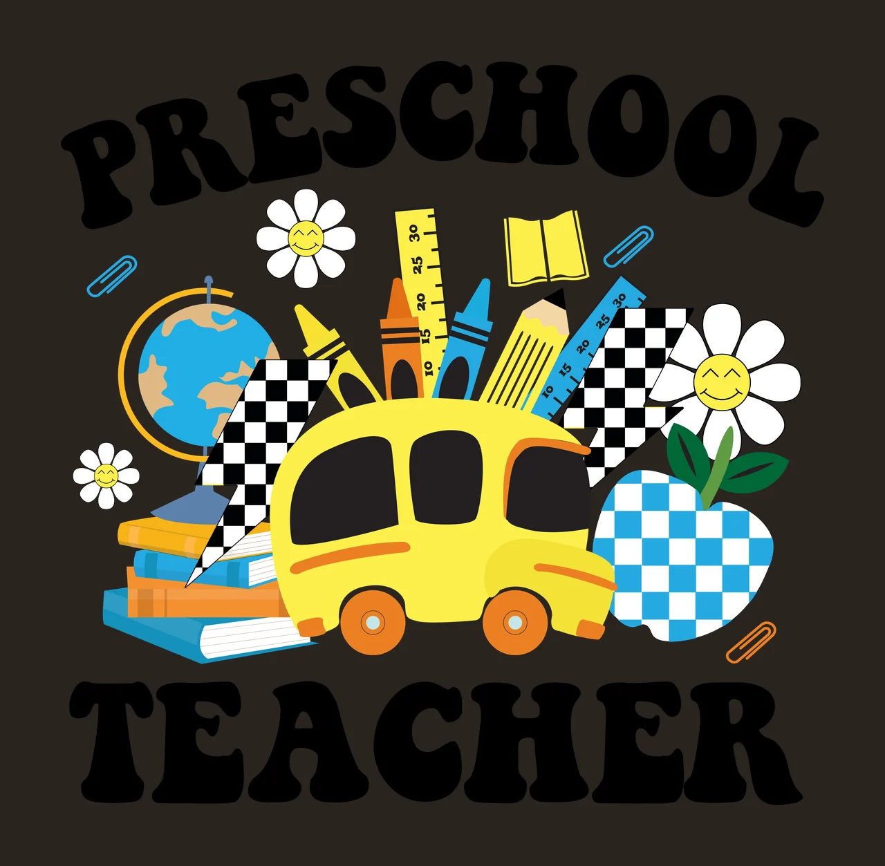 Typography With School Items globe books apple flowers paperclips contrast preview thumbnail