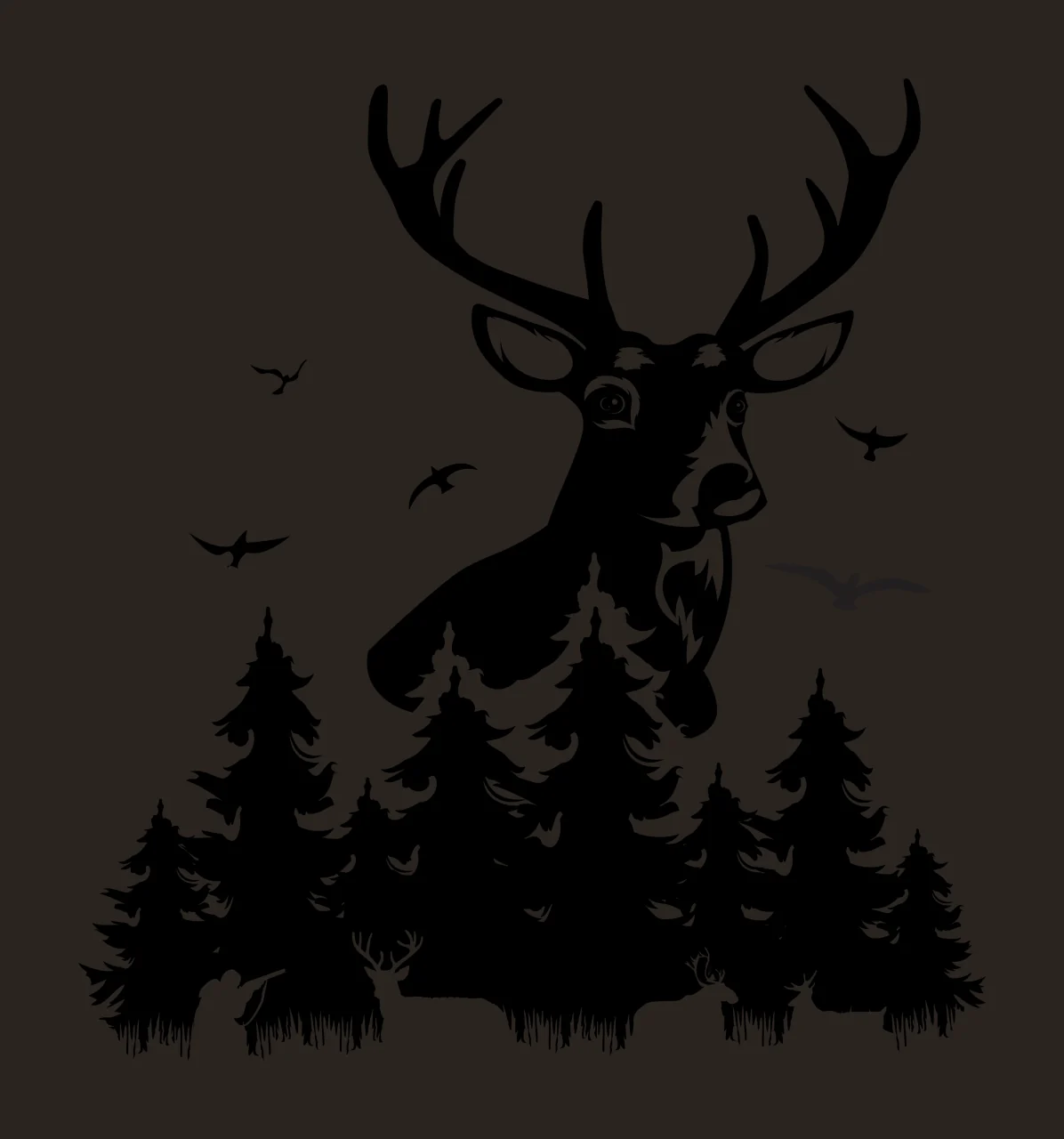 Deer Head Above Forest Silhouette standing trees birds black contrast preview thumbnail