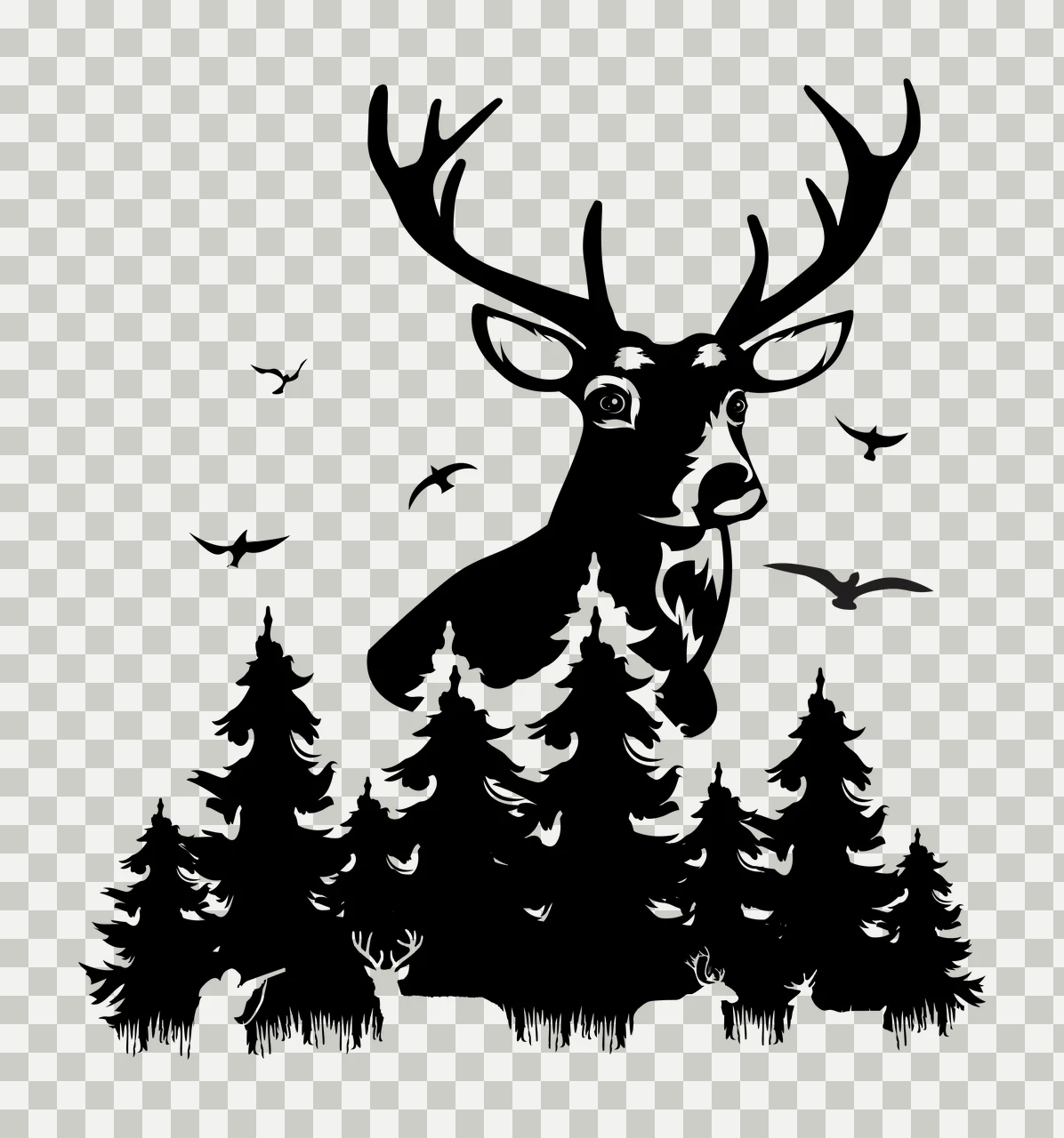 Deer Head Above Forest Silhouette standing trees birds black transparency and detail preview thumbnail