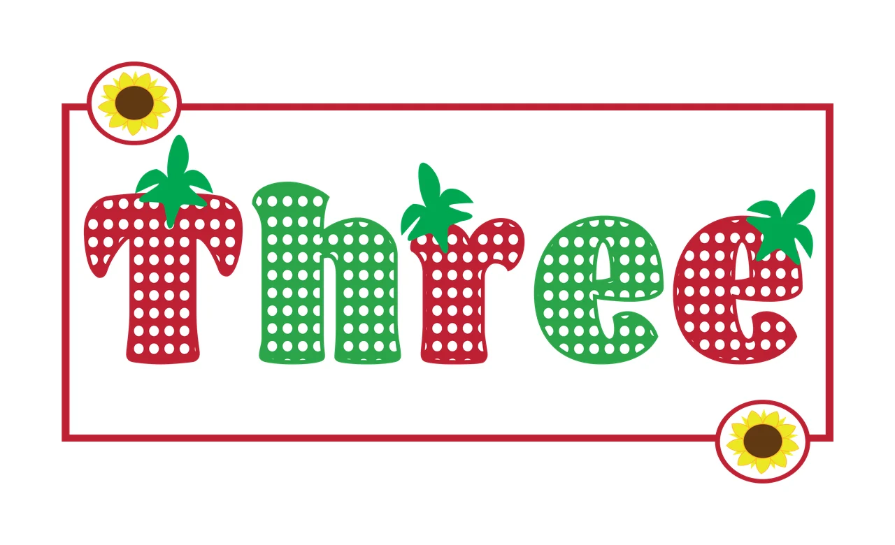 Three Typography Design with polka dot lettering, strawberry stem leaves, sunflower icons and rectangular border in red, green and white