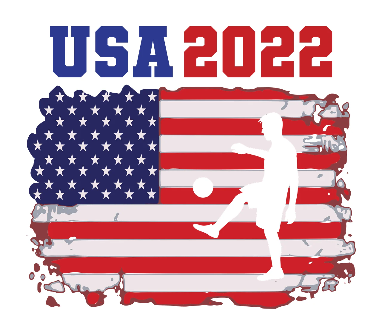 USA 2022 soccer player silhouette Design with USA 2022 text, American flag, distressed flag border and soccer ball in red, blue and white