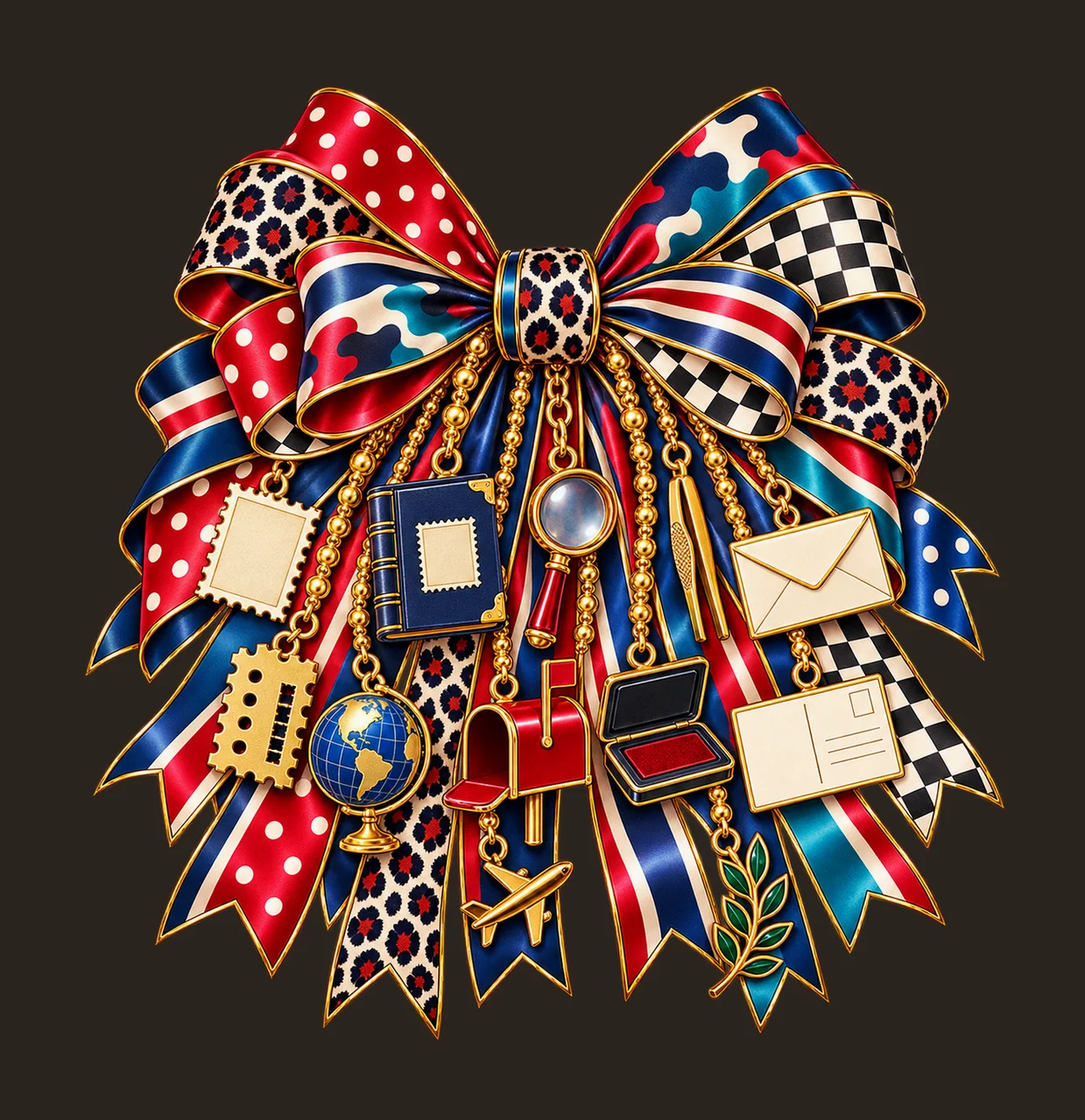 Stamp Collector Bow Charm PNG, Gold Chain Charms, Transparent Sublimation Design, Digital Download contrast preview thumbnail