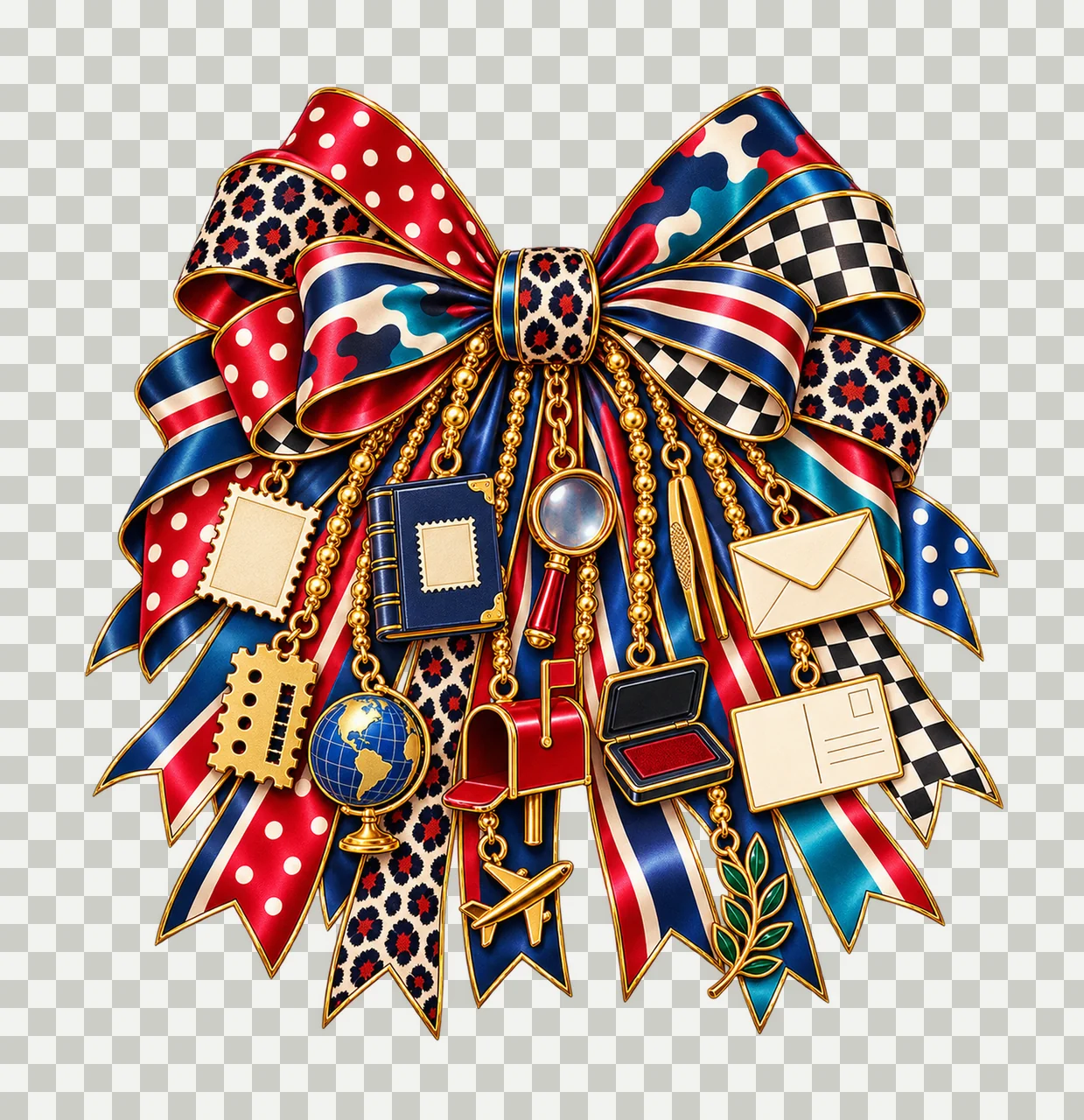 Stamp Collector Bow Charm PNG, Gold Chain Charms, Transparent Sublimation Design, Digital Download transparency and detail preview thumbnail