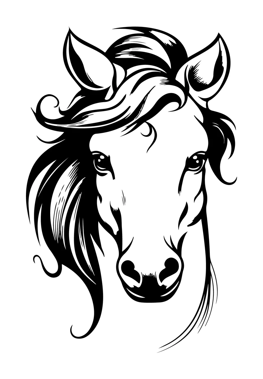 Horse Head Front View Graphic Illustration Facing Mane Ears