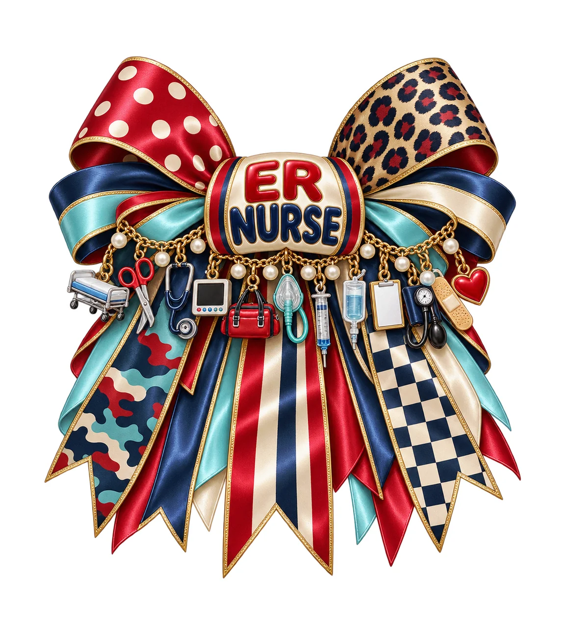 Emergency Room Nurse Bow Charm PNG, Gold Chain Charms, Transparent Sublimation Design, Digital Download